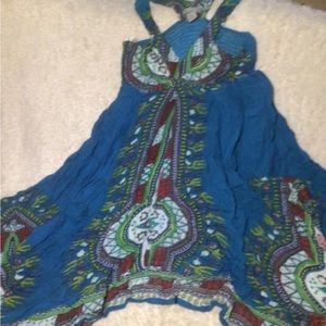 WORLD MARKET BOHO BLUE WB MULTICOLOR PAISLEY SHARK BITE HEM DRESS S/M rayon